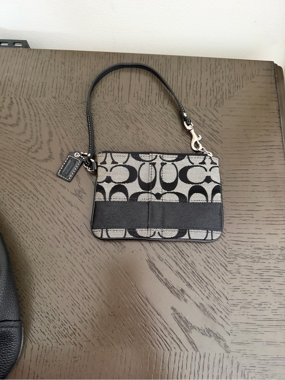Coach black gray signature striped wristlet